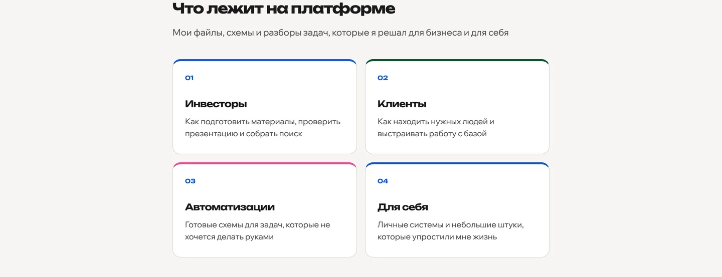 Четыре раздела платформы: Инвесторы, Клиенты, Автоматизации, Для себя