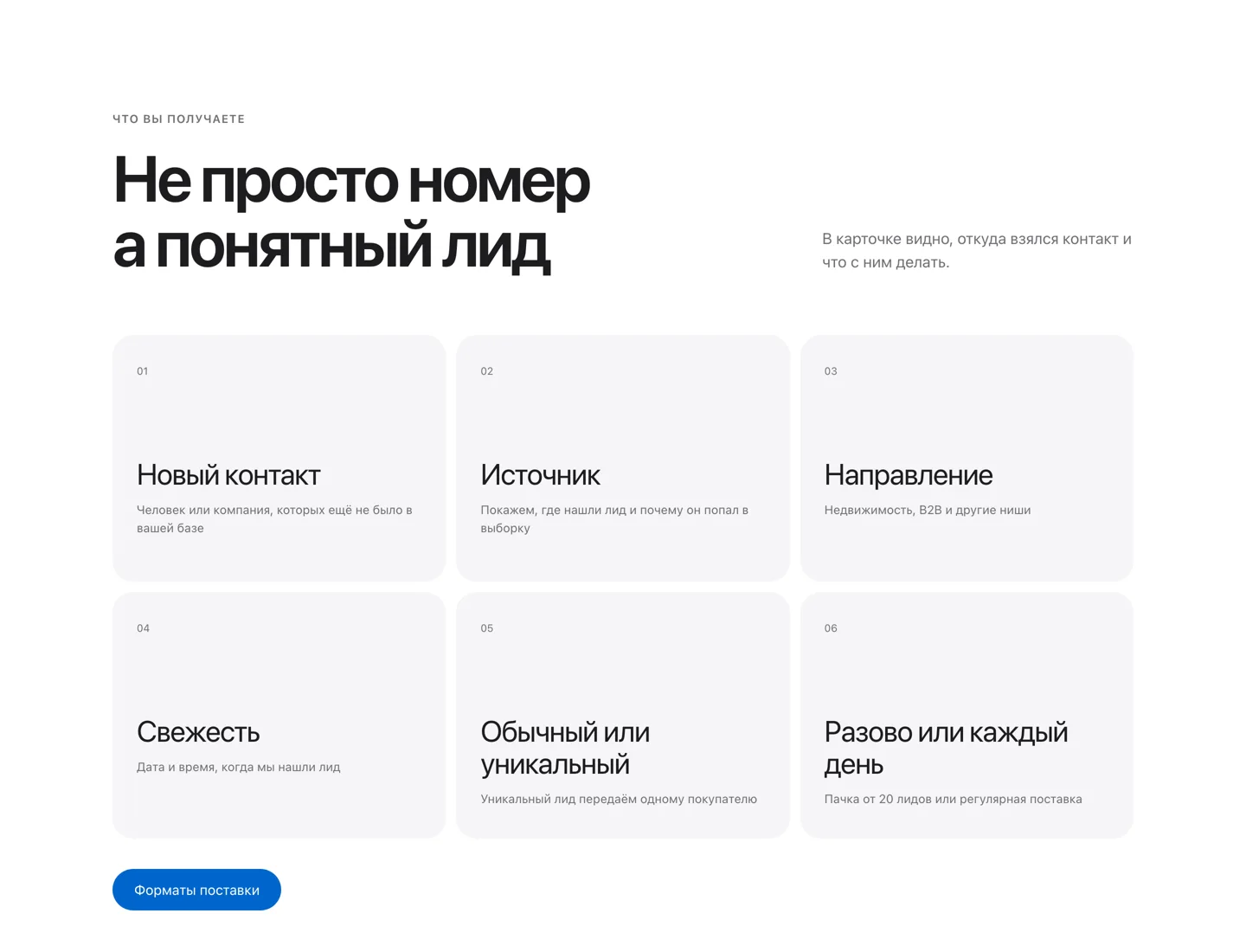 Шесть полей карточки лида: новый контакт, источник, направление, свежесть, обычный или уникальный, разово или каждый день